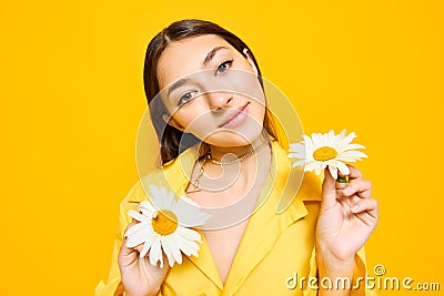 smile woman young model pretty flower yellow portrait happiness chamomile face Stock Photo