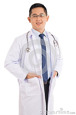 Smiled kindness asian male doctor standing isolated on white background Stock Photo