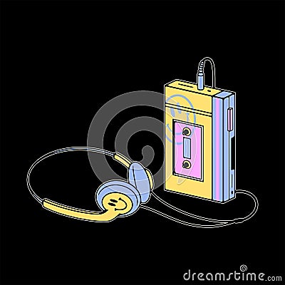 PORTABLE MUSIC PLAYER WITH HEADPHONES COLOR BLACK Vector Illustration