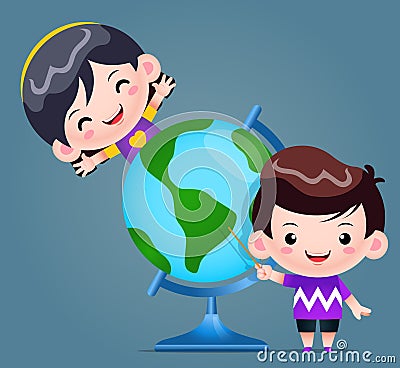 Smiley Boy Pointing and Girl Learning With The World Globe Illustration Vector Illustration