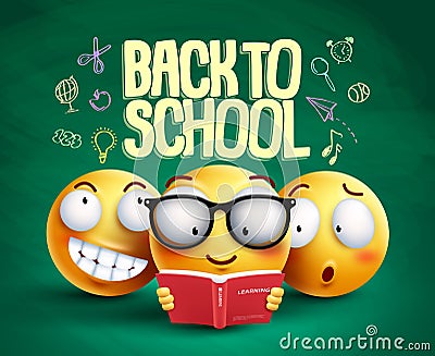 Smiley characters and back to school text vector banner design Vector Illustration