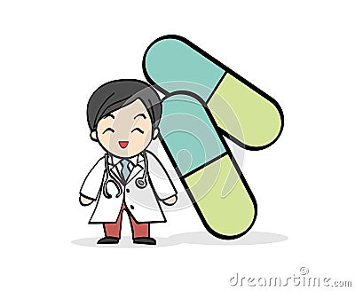 The Smiley Doctor Cartoon character with green capsule medicine Vector Illustration