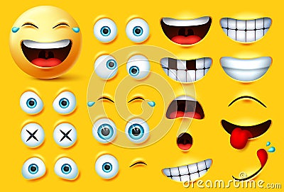 Smiley emoji creation kit vector set. Smileys emoticons and emojis face kit eyes and mouth in surprise, excited, hungry, and funny Vector Illustration