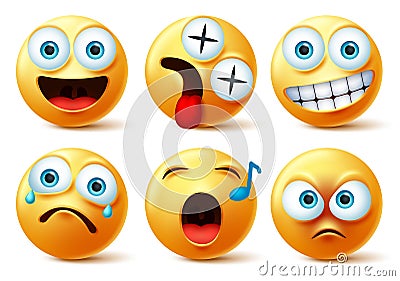 Smiley emoji face vector set. Smileys emojis or emoticon cute faces with happy, dizzy, singing, angry, surprise, sad and crying. Vector Illustration