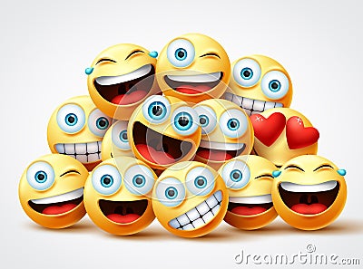 Smiley emoji faces group vector design. Smileys emojis yellow circle face group. Vector Illustration