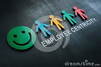 Smiley emoji and figurines. Employee centricity concept. Stock Photo