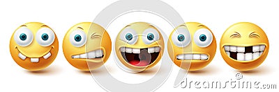 Smiley emoji funny teeth vector set. Smileys emoticon funny teeth and crazy collection facial expressions Vector Illustration