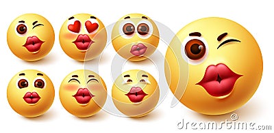 Smiley emoji kiss vector set. Emoji girl face with kissable lips in different facial expression Vector Illustration