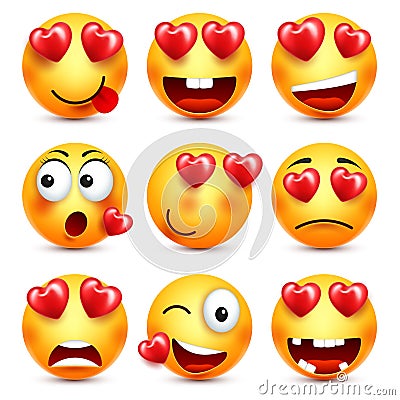 Smiley Emoji With Red Heart Vector Set. Valentines Day Yellow Cartoon Emoticons Face. Love Feeling Expression. Vector Illustration