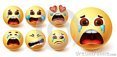 Smiley emoji in tears vector set. Smileys yellow face in crying, sad, broken hearted Vector Illustration