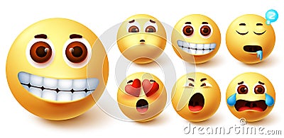 Smiley emoji vector set. Emojis yellow cute face with happy, in love, sleepy, vomit Vector Illustration