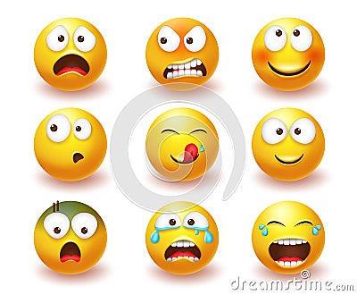 Smiley emoji vector set. Smileys 3d yellow icon in angry, laughing and crying facial expressions isolated in white background. Vector Illustration