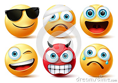 Smiley emoticon or emoji face vector set. Smileys yellow face icon and emoticons in devil, injured, surprise, angry. Vector Illustration