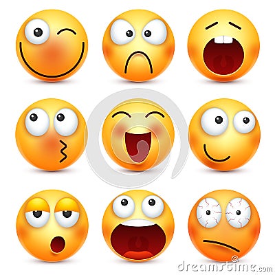 Smiley,emoticon set. Yellow face with emotions,mood. Facial expression, realistic emoji. Sad,happy,angry faces.Funny Vector Illustration