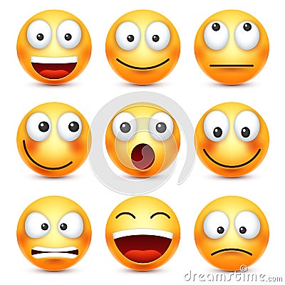 Smiley,emoticon set. Yellow face with emotions,mood. Facial expression, realistic emoji. Sad,happy,angry faces.Funny Vector Illustration