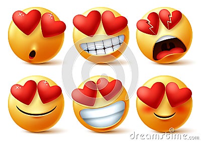 Smiley emoticons or emojis face with heart eye vector set. Smileys emoji of red hearts with in love, broken, blissful, happy. Vector Illustration