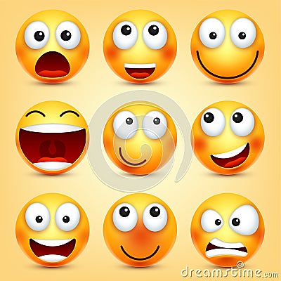 Smiley,emoticons set. Yellow face with emotions. Facial expression. 3d realistic emoji. Funny cartoon character.Mood Vector Illustration