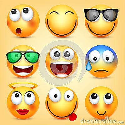 Smiley,emoticons set. Yellow face with emotions. Facial expression. 3d realistic emoji. Funny cartoon character.Mood Vector Illustration