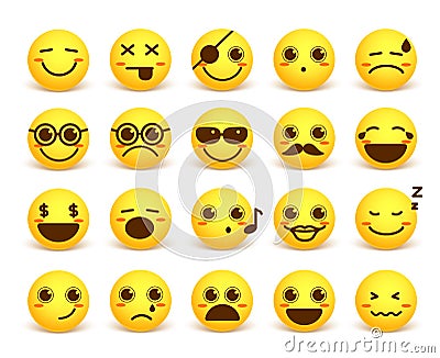 Smiley face cute vector emoticon set with happy facial expressions Vector Illustration