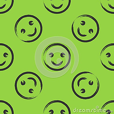 Smiley face drawn with a brush. Seamless pattern. Green, black. Vector Illustration