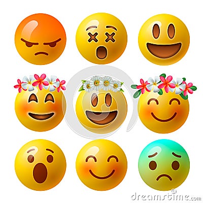 Smiley face emoji or yellow emoticons in glossy 3D realistic isolated in white background, vector. Vector Illustration