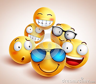 Smiley face emoticons vector characters with funny group Vector Illustration