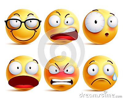 Smiley face or emoticons vector set in yellow with facial expressions Vector Illustration