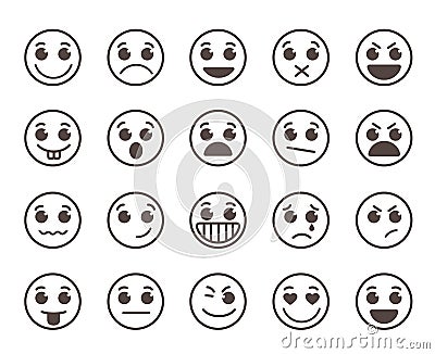 Smiley face flat line vector icons set with funny facial expressions Vector Illustration