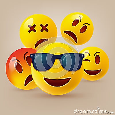 Smiley face icons or yellow emoticons with emotional funny faces in glossy 3D realistic Vector Illustration