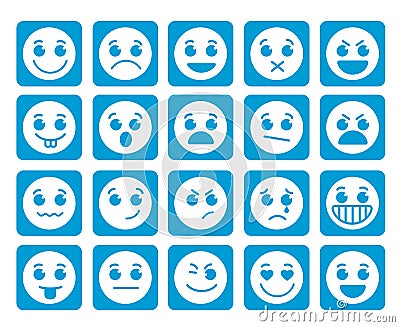 Smiley face vector icons in square flat blue buttons with emotions Vector Illustration