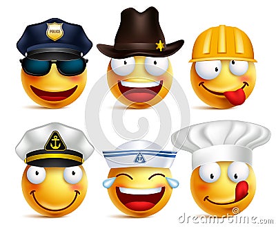 Smiley face vector set of professions with hats like police Vector Illustration