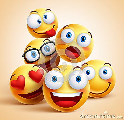 Smiley faces group of vector emoticon characters with funny facial expressions Vector Illustration