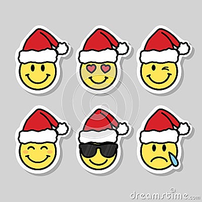 smiley faces with santa hat, set of christmas emojies, cartoon vector sticker set Vector Illustration