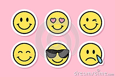 smiley faces, set of emojies, cartoon vector sticker set Vector Illustration