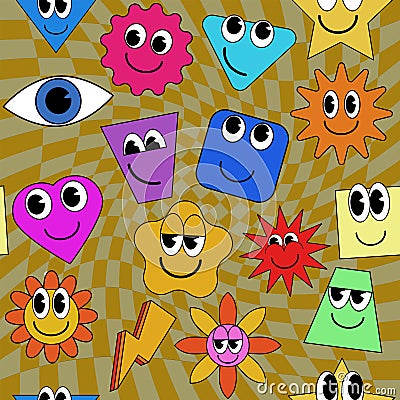 Smiley faces stickers, trippy seamless pattern. Retro trendy check distortion background Vector Illustration