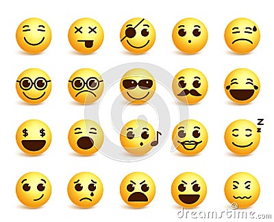 Smiley faces vector emoticons set with funny facial expressions Vector Illustration