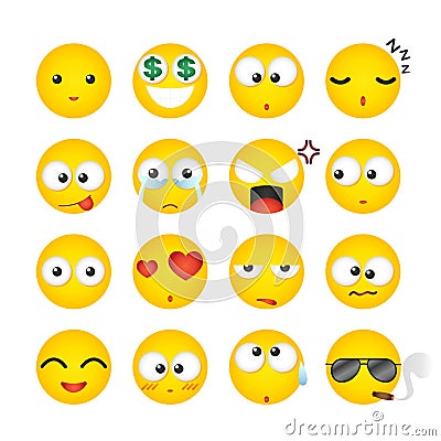 Yellow face emoji collection on white background, Set of smiley emoji characters, Emoticon, Emotion set, Icon, Expression, Vector Vector Illustration