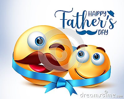 Smiley father`s day vector design. Happy father`s day text with emoji 3d father and child characters tied in ribbon for family. Vector Illustration