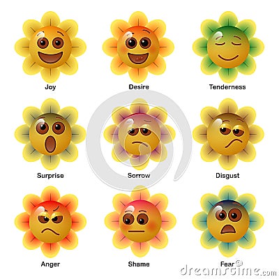 Smiley in flower, expressing the basic human psychological emotions. Vector illustration. Stock Photo