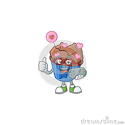Smiley gamer chocolate love cupcake cartoon mascot style Vector Illustration