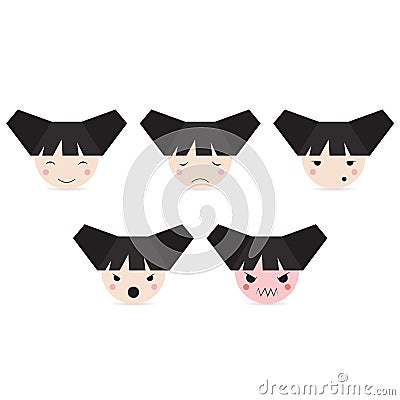 Smiley. Happy, sad and evil chinese girl face Vector Illustration