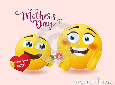 Smiley mother`s day greeting vector design. Happy mothers day text with emoticon child giving flower gift for mom`s day emoji. Vector Illustration