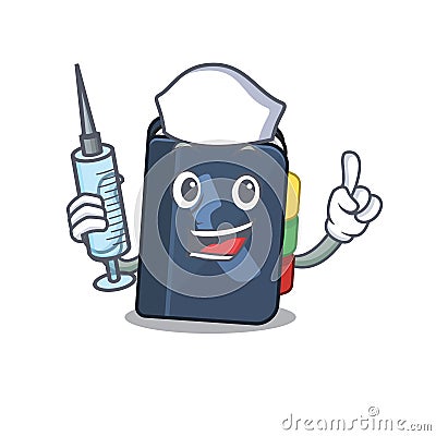 Smiley Nurse phone book cartoon character with a syringe Vector Illustration