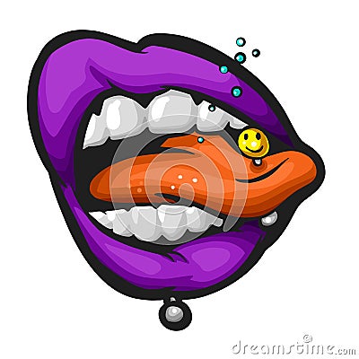 Smiley Piercing Detail with Snarling Woman`s Mouth. Cartoon Illustration