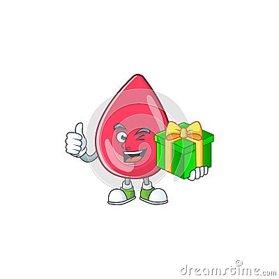 Smiley red blood cartoon character holding a gift box Vector Illustration