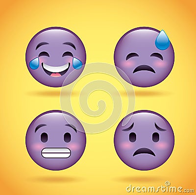 Smiley set purple face with emotions facial expression funny cartoon character Vector Illustration