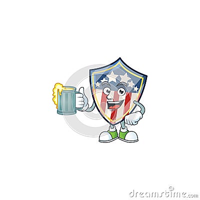 Smiley vintage shield badges USA mascot design holding a glass of beer Vector Illustration