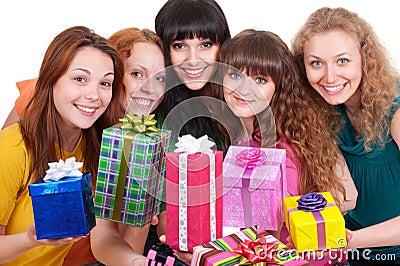 Smiley women with motley gift boxes Stock Photo