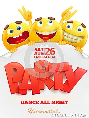 Smiley yellow round faces group emoticon characters with Party invitation card Cartoon Illustration