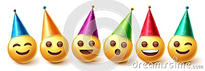 Smileys birthday character vector set. Smiley emojis in party hats birthday and event celebration with happy smile face expression Vector Illustration